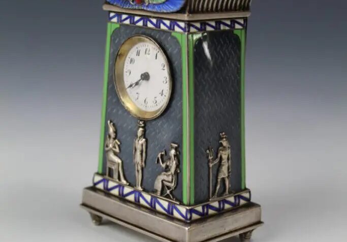 Egyptian Revival Small Silver and Enamel Timepiece
