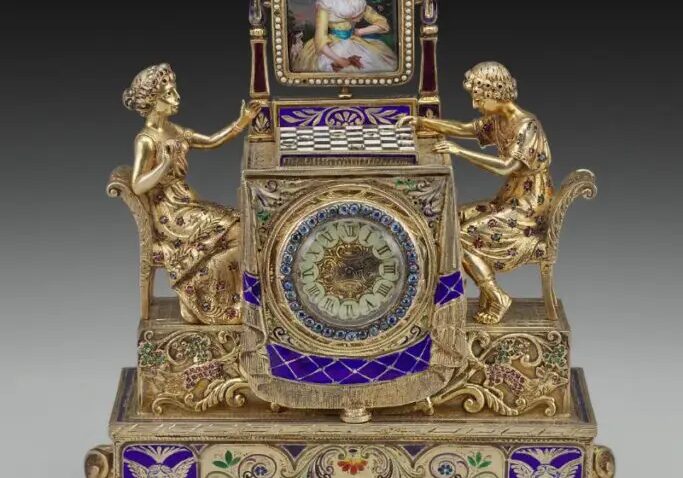Austro-Hungarian Timepiece with Figure Playing Checkers