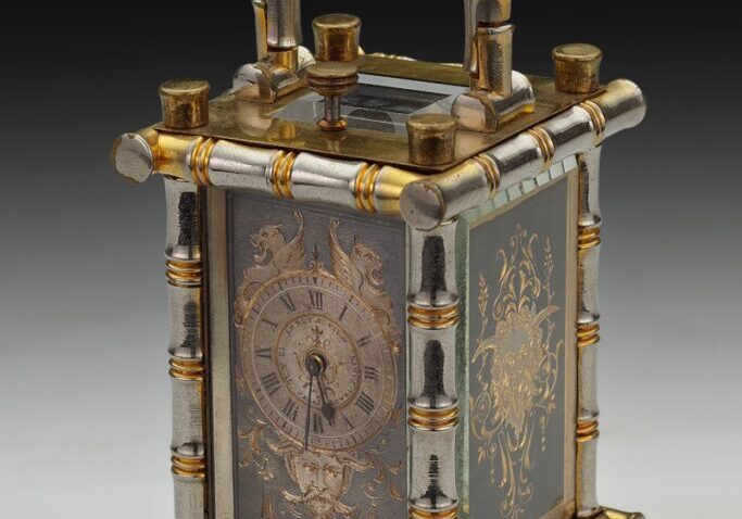 Small Silvered Bamboo Case Engraved Carriage Clock